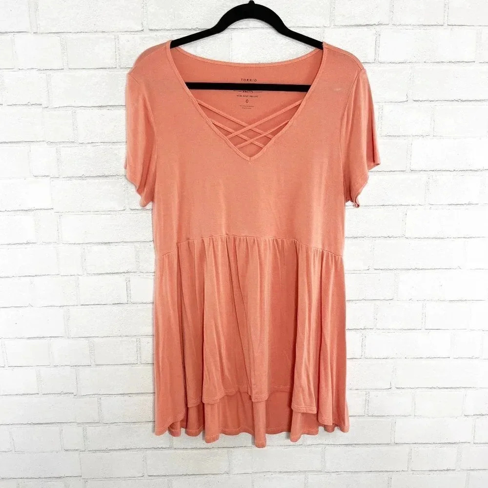 Torrid Salmon/Orange High Low Baby Doll Tunic Tee with Strappy Front Women's 0X - Picture 2 of 8
